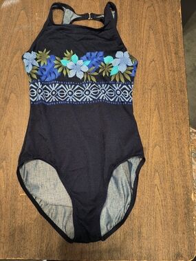 Navy Jantzen One-Piece Swimsuit with Blue Floral Band